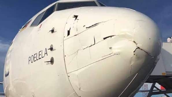 Alquiler de Drones en Bogota LAM Boeing 737. Su cono delantero colapsa porque había sido instalado de segunda y no por el choque con un drone.